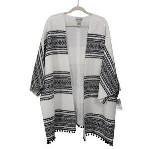 NWT Catherines Black White Crinkle Kimono‎ Cardigan Poncho Sz 3X Open Pompom Hem